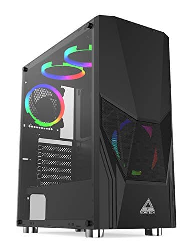 MONTECH Fighter 500 Black ATX Mid-Tower Computer Gaming Case, Pre-Installed Four Rainbow LED Fans, High Airflow Mesh 3D Front Panel, Tempered Glass, Magnetic Dust Filter, ATX / Micro ATX / Mini ITX image