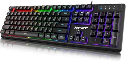 NPET K10 Gaming Keyboard USB Wired Floating Keyboard, Quiet Ergonomic Water-Resistant Mechanical Feeling Keyboard, Ultra-Slim Rainbow LED Backlit Keyboard for Desktop, Computer, PC main image