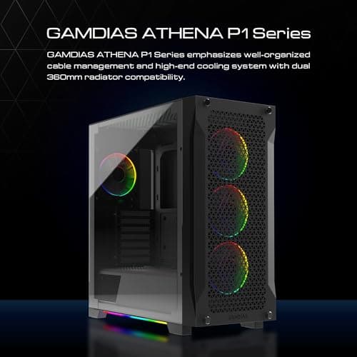 GAMDIAS ATHENA P1 ATX Mid Tower Black with Tempered Glass Side Panel and USB 3.2 Gen 1 Type-C, USB 3.2 Gen 1 Type-A, USB 2.0 Type-A image