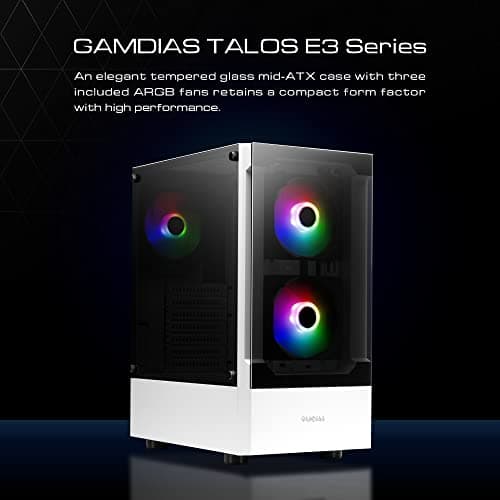 GAMDIAS TALOS E3 ATX Mid Tower White / Black Tempered Glass Side Panel, USB 3.2 Gen 1 Type-A USB 2.0 Type-A image