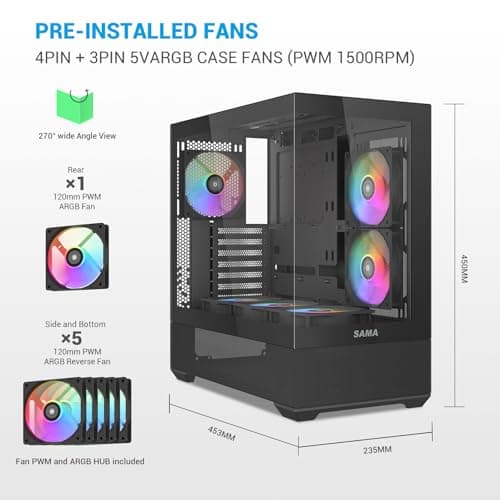 SAMA V40 ATX Mid Tower Black Tempered Glass Side Panel, USB 3.2 Gen 2 Type-C and USB 3.2 Gen 1 Type-A image