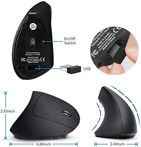 Ergonomic Wireless Mouse,Vertical Gaming Mouse -Ergonomic Design - Prevention of Mouse arm -Tennis Elbow (RSI Syndrome),3 Adjustable DPI 3200/1600/1200 Levels for Laptop, PC, MacBook, Notebook etc. image