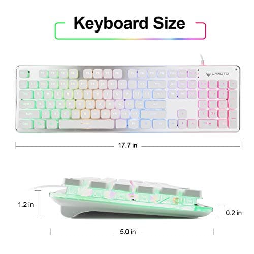 LANGTU Membrane Gaming Keyboard, Rainbow LED Backlit Quiet Keyboard for Office, USB Wired All-Metal Panel 25 Keys Anti-ghosting Computer Keyboard 104 Keys - L1 White/Silver image