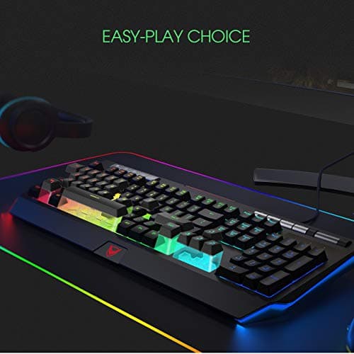 PICTEK RGB Gaming Keyboard 【Upgraded】 with Phone Holder, Volume Wheel, Customizable RGB Backlit Wired Keyboard, 9 Independent Multimedia Keys, Computer Keyboard for Mac/PC Gamers, Sega Saturn Games image