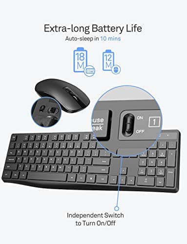 VicTsing Keyboard and Mouse Combo[Energy Saving], 2.4G Wireless Keyboard and Mouse, Full Size Wireless Keyboard, Slim DPI Adjustable Mouse, Independent On/Off Switch, Num/Caps/Power Indicator, Black image