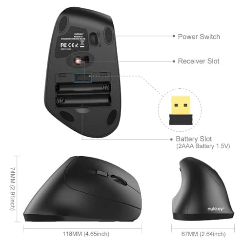 Nulaxy 2.4G Wireless Vertical Ergonomic Mouse, 800 / 1200 /1600 DPI, 6 Buttons for Computer, Laptop, PC, Desktop, Macbook - Black image