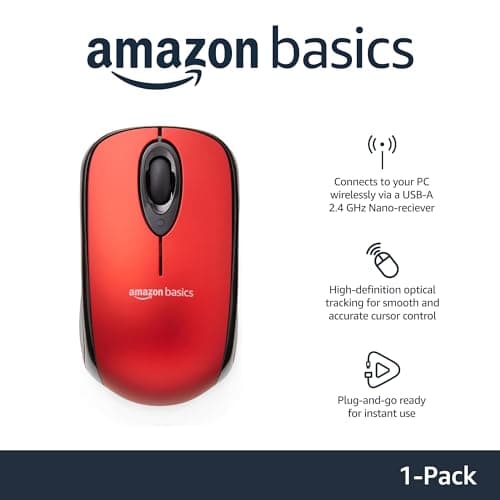 AmazonBasics Wireless Computer Mouse with Nano Receiver - Red image