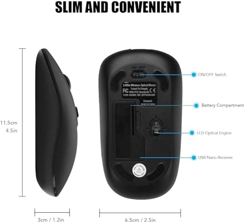 Wireless Computer Mouse, Cimetech Slim Cordless Mouse for Laptop Ergonomic Optical with Nano Receiver USB Mouse for Laptop, Deskbtop, MacBook (BAT Black) image