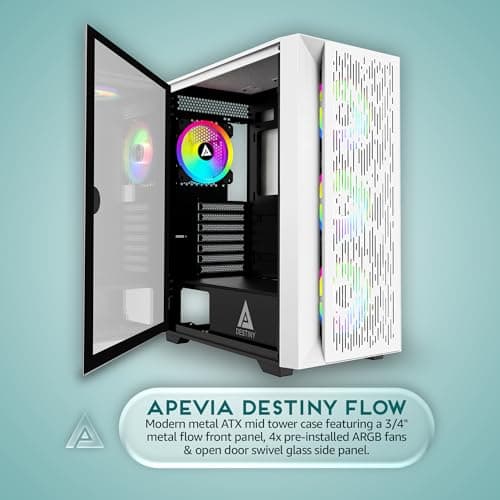 Apevia Destiny Flow ATX Mid Tower White Tempered Glass Side Panel, USB 3.2 Gen 1 Type-A image