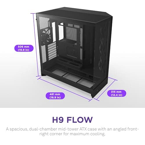 NZXT H9 Flow (2025) ATX Mid Tower Black Tinted Tempered Glass Side Panel, USB 3.2 Gen 2x2 Type-C, USB 3.2 Gen 1 Type-A image