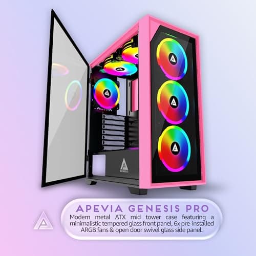 Apevia Genesis Pro ATX Mid Tower Pink with Tempered Glass Side Panel and USB 3.2 Gen 1 Type-C / USB 2.0 Type-A image