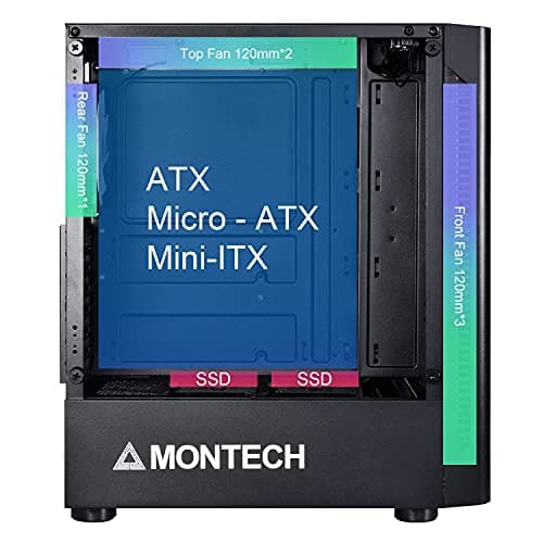 Montech X3 Mesh 6pcs, 3 x 140mm& 3 x 120mm Fixed RGB Lighting Fans (Pre-Installed) ATX Mid-Tower PC Gaming Case, USB3.0, Door Open Tempered Glass Side Panel, High Airflow, Black image