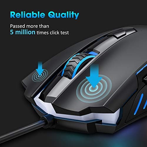 PICTEK Gaming Mouse, Entry-level Ergonomic Optical Computer Mouse for Game & Daily, 800-2400 DPI Adjustable USB Mouse Auto Breathing Wired Mouse for PC Desktop Windows 7/8/10/XP, Vista and Mac, Black image