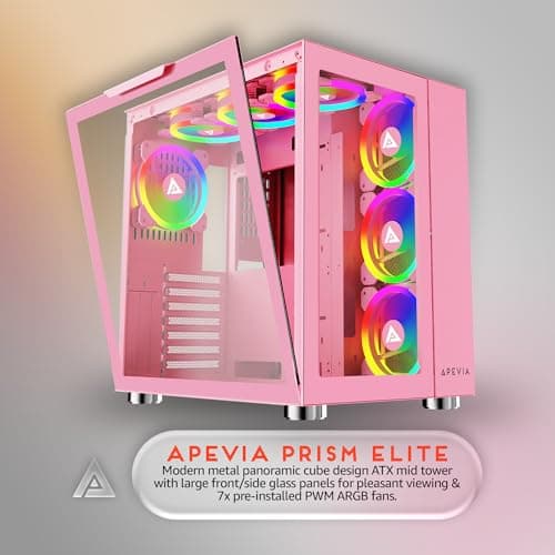 Apevia Prism Elite ATX Mid Tower Pink with Tempered Glass Side Panel, USB 3.2 Gen 1 Type-A, USB 2.0 Type-A image