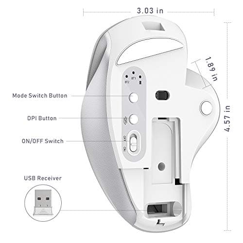 Bluetooth Mouse, Jelly Comb Rechargeable 2.4GHz Bluetooth Ergonomic Wireless Mouse (BT4.0+BT4.0+2.4G) Switch to 3 Devices for Mac OS MacBook Air Windows PC Android Tablet-(White and Silver) image