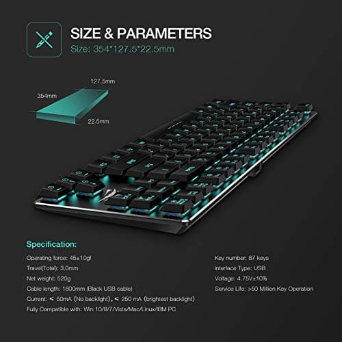 Mechanical Keyboard HAVIT Backlit Wired Gaming Keyboard Extra-Thin & Light, Kailh Latest Low Profile Blue Switches, 87 Keys N-Key Rollover (Black) image