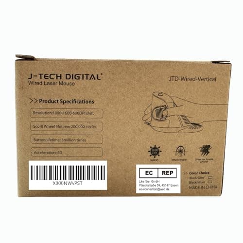 J-Tech Digital Scroll Endurance Wired Mouse Ergonomic Vertical USB Mouse with Adjustable Sensitivity (600/1000/1600 DPI), Removable Palm Rest & Thumb Buttons - Reduces Hand/Wrist Pain (Wired) image