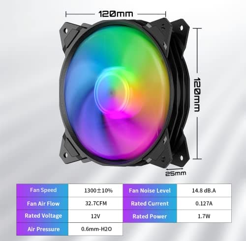 upHere Long Life 120mm 3-Pin High Airflow Quiet Edition Rainbow LED Case Fan for PC Cases, CPU Coolers, and Radiators 3-Pack image