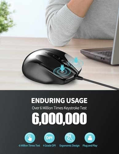 TECKNET 6-Button USB Wired Mouse with Side Buttons, Optical Computer Mouse with 1000/2000DPI, Ergonomic Design, 5ft Cord, Support Laptop Chromebook PC Desktop Mac Notebook-Black image