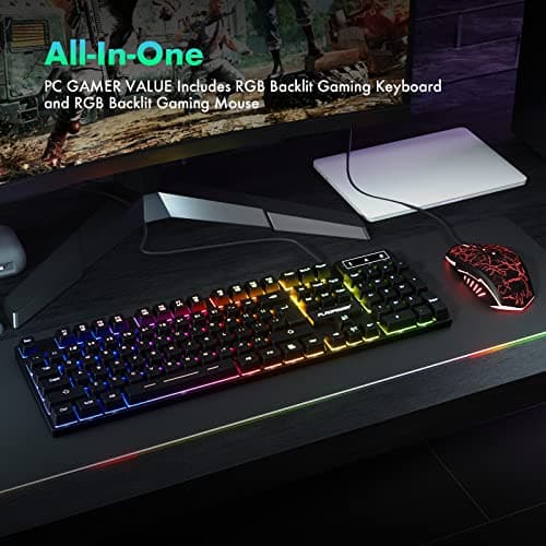 FLAGPOWER Gaming Keyboard and Mouse Combo, Rainbow Backlit Mechanical Feeling Keyboard with 4 Colors Breathing LED Backlight Mouse for PC, Laptop, Computer image