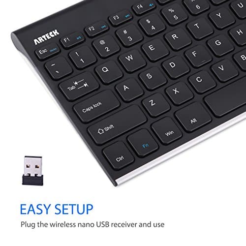 Arteck 2.4G Wireless Keyboard Stainless Steel Ultra Slim Keyboard for Computer/Desktop/PC/Laptop/Surface/Smart TV and Windows 10/8 / 7 / Vista/XP Built in Rechargeable Battery image
