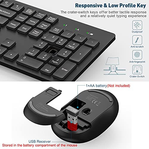 RATEL Wireless Keyboard Mouse Combo, 2.4GHz Slim Full-Sized Silent Wireless Keyboard and Mouse Combo with USB Nano Receiver for Laptop, PC (Black) image