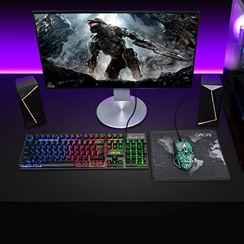 Gaming LED Wired Keyboard and Mouse Combo with Emitting Character 3200DPI USB Mouse Multimedia Keys Rainbow Backlight Mechanical Feeling for PC Resberry Pi Mac TOB Box with Mousepad,910b image