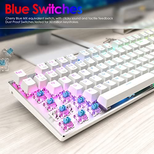 E-Element Z-88 RGB Mechanical Gaming Keyboard, Programmable RGB Backlit, Blue Switch -Tactile & Clicky, Water Resistant, 104 Keys Anti-Ghosting for Mac PC, Silver+White image
