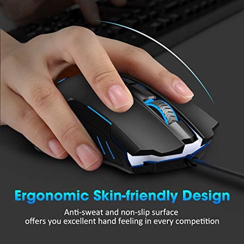 PICTEK Gaming Mouse, Entry-level Ergonomic Optical Computer Mouse for Game & Daily, 800-2400 DPI Adjustable USB Mouse Auto Breathing Wired Mouse for PC Desktop Windows 7/8/10/XP, Vista and Mac, Black image