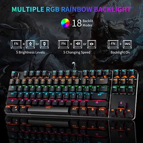 CHONCHOW Rainbow LED Backlit Mechanical Gaming Keyboard Wired USB Compact 87-Keys Blue Switches Mechanical RGB Gaming Keyboard for Windows PC Gamers(Black) image