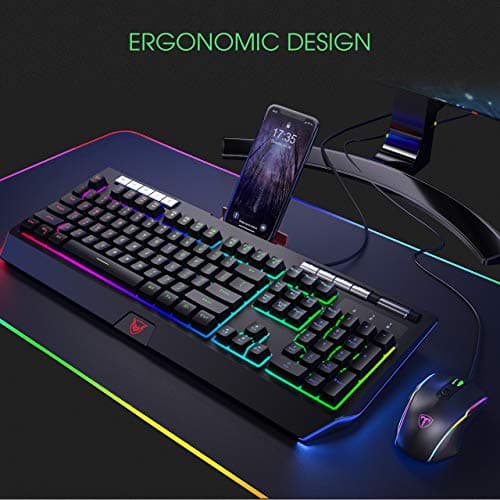 PICTEK RGB Gaming Keyboard 【Upgraded】 with Phone Holder, Volume Wheel, Customizable RGB Backlit Wired Keyboard, 9 Independent Multimedia Keys, Computer Keyboard for Mac/PC Gamers, Sega Saturn Games image