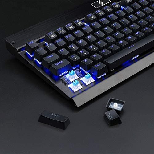 Eagletec KG010 Mechanical Keyboard Blue Switches 104 Lighted Keys Natural Ergonomic Aluminum Design for Windows PC Office and Gaming (Black Keyboard Blue LED Backlit) image