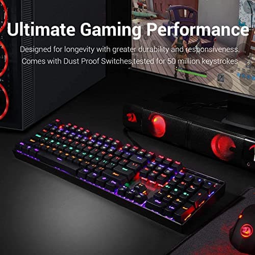 Redragon K551 Mechanical Gaming Keyboard with Cherry MX Blue Switches Vara 104 Keys Numpad Tactile USB Wired Computer Keyboard Steel Construction for Windows PC Games (Black RED LED Backlit) image