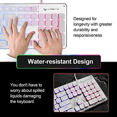 LANGTU Membrane Gaming Keyboard, Rainbow LED Backlit Quiet Keyboard for Office, USB Wired All-Metal Panel 25 Keys Anti-ghosting Computer Keyboard 104 Keys - L1 White/Silver image
