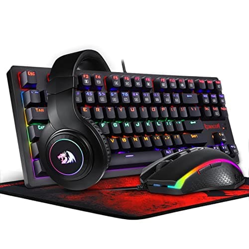Redragon K552-BB Mechanical Gaming Keyboard and Mouse Combo & Large Mouse Pad & PC Gaming Headset with Mic, 87 Key RED LED Backlit Keyboard for Windows PC (Keyboard, Mouse, Headset Mousepad Set) image