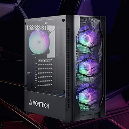 Montech X3 Mesh 6pcs, 3 x 140mm& 3 x 120mm Fixed RGB Lighting Fans (Pre-Installed) ATX Mid-Tower PC Gaming Case, USB3.0, Door Open Tempered Glass Side Panel, High Airflow, Black image