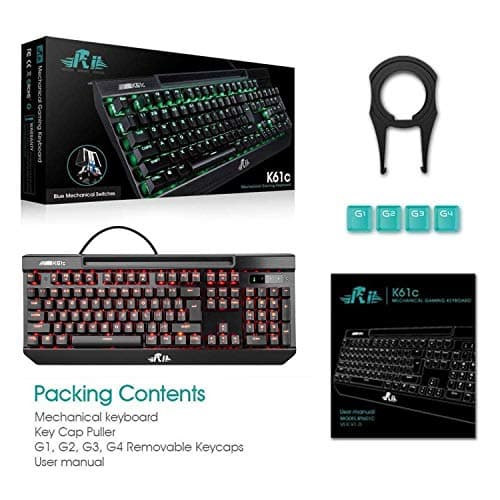 Mechanical Gaming Keyboard,Rii K61C USB Wired 104keys Anti-ghosting Mechanical Programmable Gaming Keyboard,Blue Switches with 3 Macro Keys,Red LED Illuminated Backlit for PC, Windows and Mac image