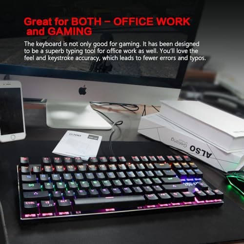 ONE-UP G300 LED Rainbow Backlit Mechanical Gaming Keyboard Small Metal Mechanical Gamers Keyboard 87 Key Computer USB Gaming Keyboard with Blue Switches for PC Gaming (Black) image