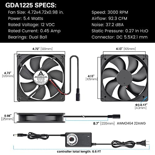 GDSTIME 120mm AC to DC 12V Powered Fan with Speed Controller, for Receiver Amplifier DVR Playstation Xbox Component Cooling image