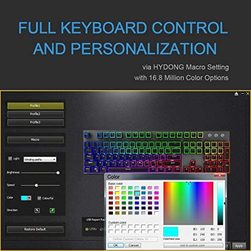 HYDONG RGB LED Backlit Mechanical Gaming Keyboard with Black Switch, 104 Anti-ghosting Standard Keys, Support Macro Setting, Aluminum Base, Non-Slip Spill-Resistant, USB Wired for PC, Laptop, Computer image