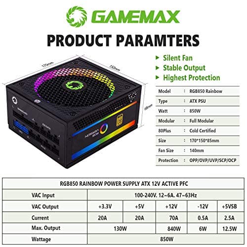 GameMax RGB Rainbow 850 W 80+ Gold Certified Fully Modular ATX Power Supply image