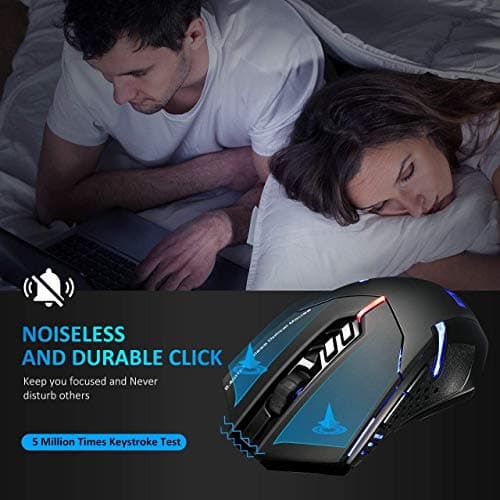 VicTsing Wireless Gaming Mouse with Unique Silent Click, Breathing Backlit, 2 Programmable Side Buttons, 2400 DPI, Ergonomic Grips, 7-Button Design- Black image