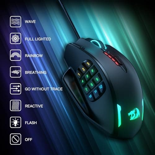 Redragon M908 Impact RGB LED MMO Mouse with Side Buttons Laser Wired Gaming Mouse with 12,400DPI, High Precision, 19 Programmable Mouse Buttons image