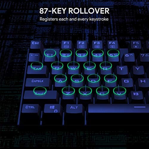 AUKEY Mechanical Keyboard, TKL Gaming Keyboard with Blue Switches, 87-Key 100% Anti-Ghosting with Metal Panel and Water Resistant Design for PC and Laptop, Black image