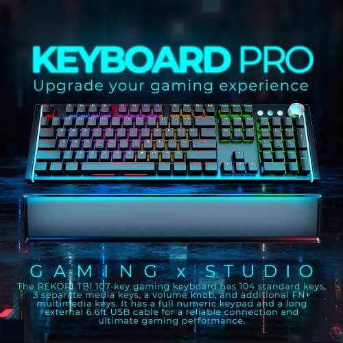 [Upgraded 2020] Gaming Membrane Keyboard with Mechanical Feel Clicks, LED RGB Backlight 104 Keys + 8 Multimedia & Ergonomic Stand - Anti-Ghosting, Palm Rest - for PC/MAC/Computer/Desktop Pro Gamers image