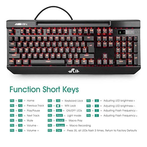 Mechanical Gaming Keyboard,Rii K61C USB Wired 104keys Anti-ghosting Mechanical Programmable Gaming Keyboard,Blue Switches with 3 Macro Keys,Red LED Illuminated Backlit for PC, Windows and Mac image