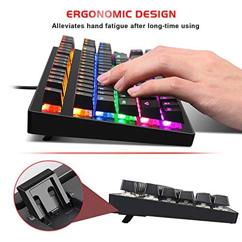 Mechanical Keyboard 87 Keys Small Compact Multicolour LED Backlit - MK1 Wired USB Gaming Keyboard with Blue Switches, 100% Anti-Ghosting, Metal Construction, Water Resistant for Windows PC Laptop Game image