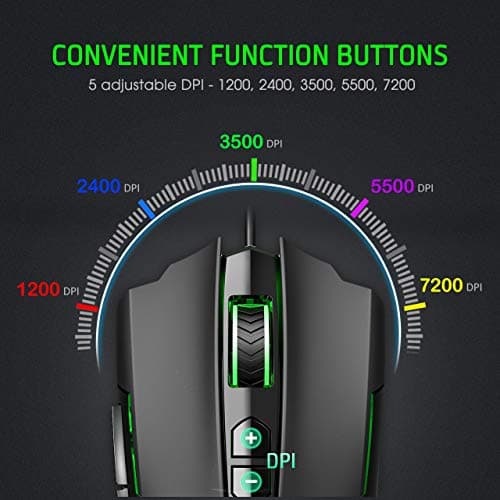 PICTEK Gaming Mouse Wired [7200 DPI] [Programmable] [Breathing Light] Ergonomic Game USB Computer Mice RGB Gamer Desktop Laptop PC Gaming Mouse, 7 Buttons for Windows 7/8/10/XP Vista Linux, Black image