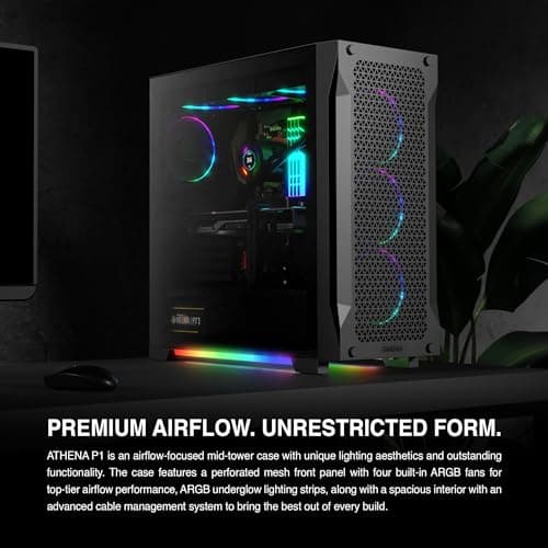 GAMDIAS ATHENA P1 ATX Mid Tower Black with Tempered Glass Side Panel and USB 3.2 Gen 1 Type-C, USB 3.2 Gen 1 Type-A, USB 2.0 Type-A image