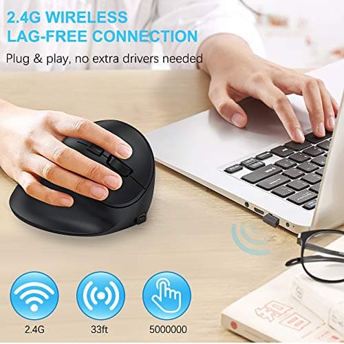 Ergonomic Mouse, Large Vertical Wireless Mouse - Acedada Rechargeable 2.4GHz Optical Ergonomic Mice : 3 Adjustable 800/1200/1600 DPI 6 Buttons, for Laptop, PC, Computer, Desktop, Notebook etc, Black image